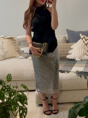 MANGO- Sequin Midi Skirt in Silver